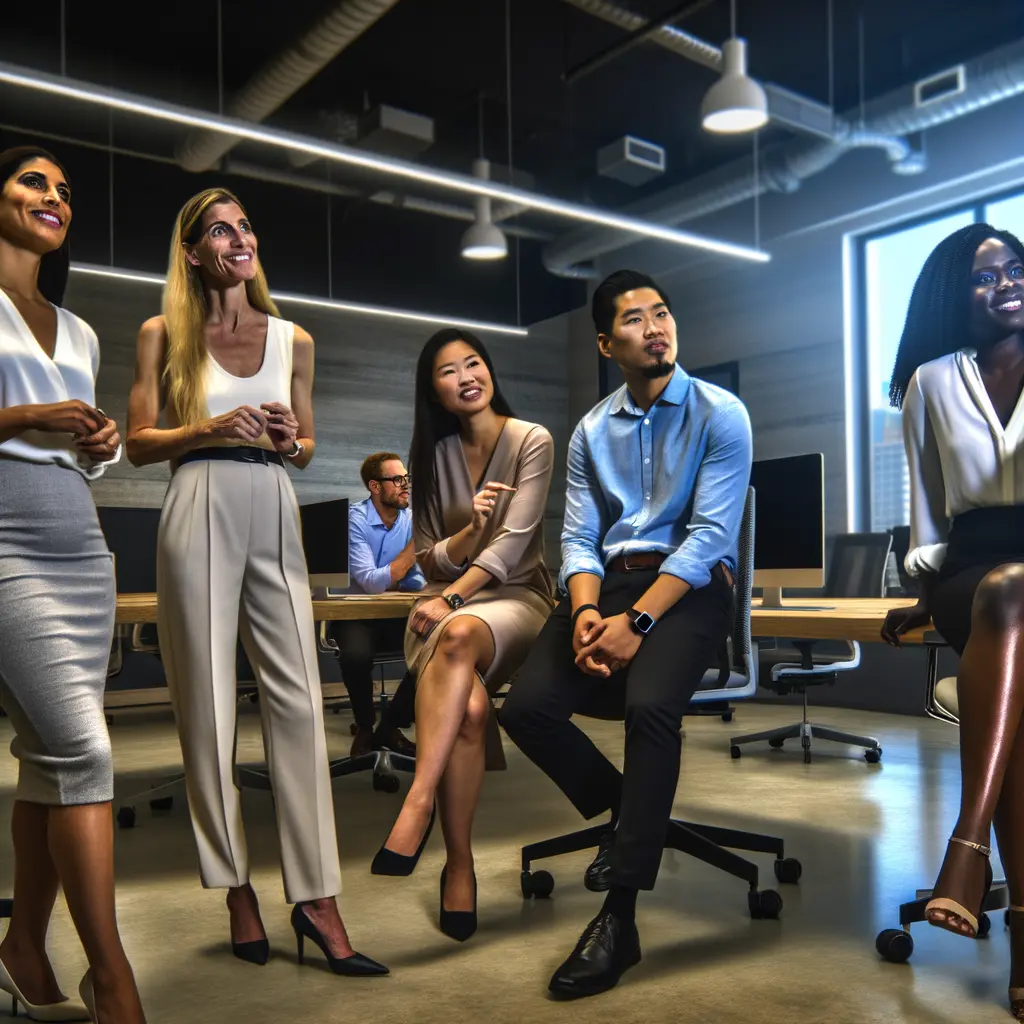 Create a hyper-realistic, candid picture showcasing six professionals in a modern corporate environment