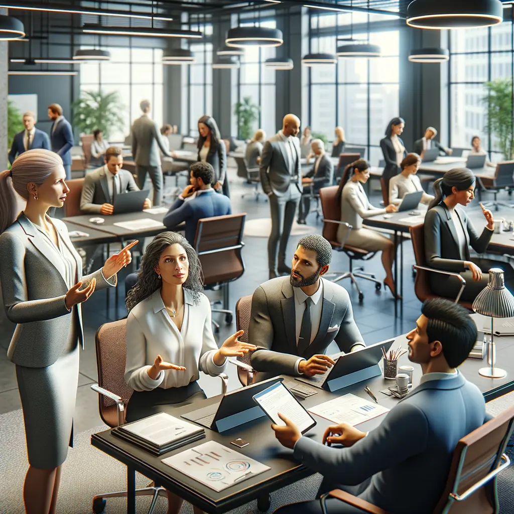 Create a photorealistic image depicting a corporate environment filled with professionals at work