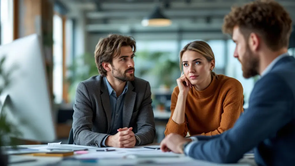 Un homme et une femme ont une conversation difficile au bureau, montrant l'importance de l'empathie.