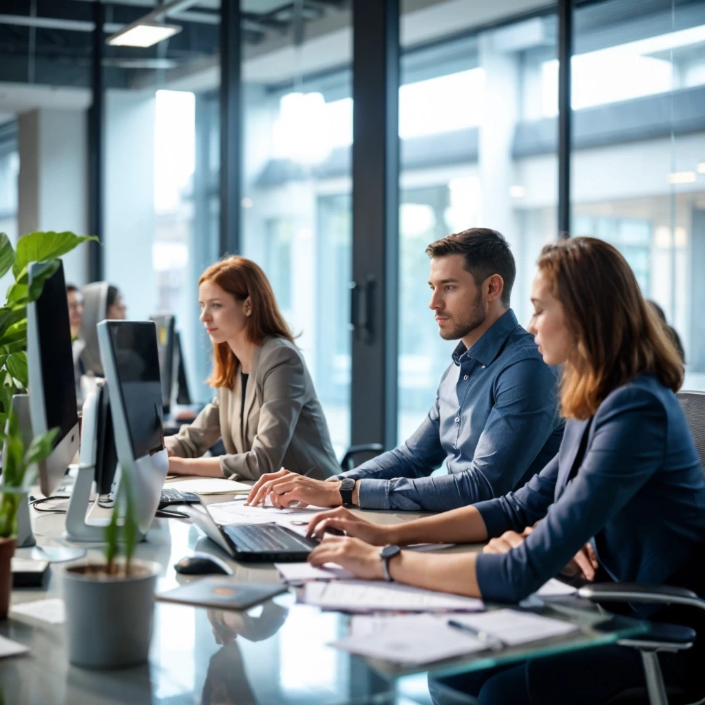 European back-office professionals team working in a modern office