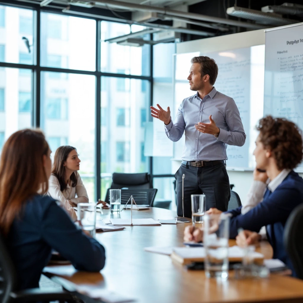 A group of European managers collaborating during a strategic meeting